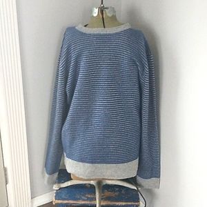 Qi 100 % CASHMERE STRIPED NAVY/GRAY SWEATER MENS L